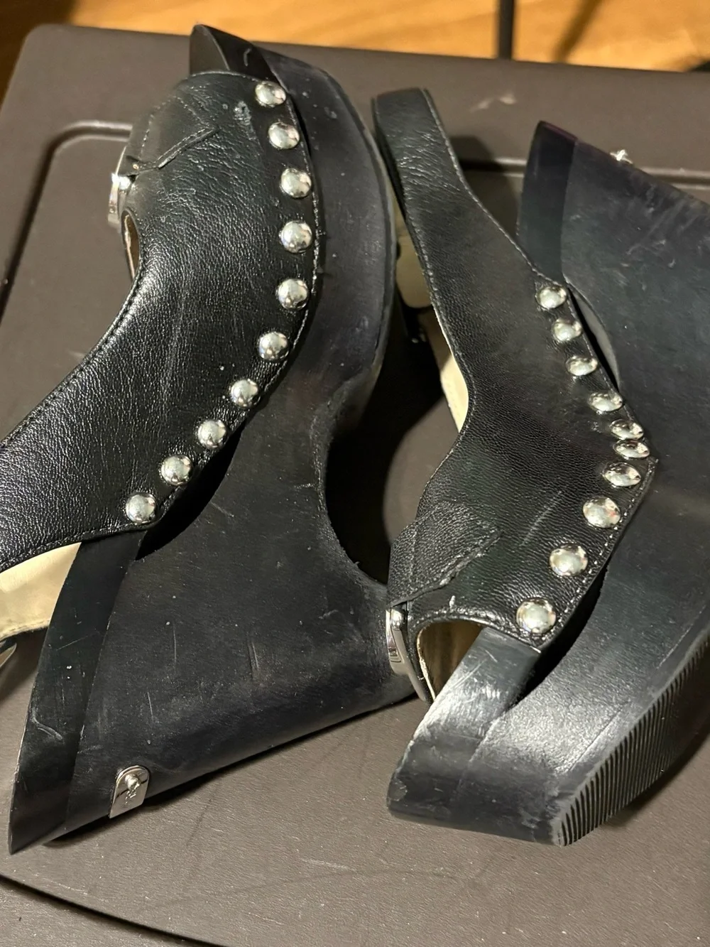 MICHAEL Michael Kors Black Leather Studded Wedge Sandals with Silver MK Logo